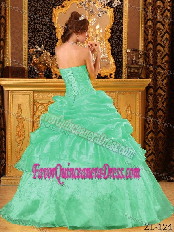 Strapless Floor-length Green Organza Beaded Quinceanera Dress with Pick-ups