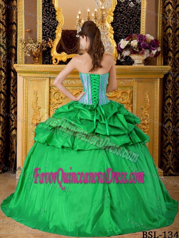 Strapless Floor-length Green Taffeta Appliqued Quinceanera Dress with Pick-ups