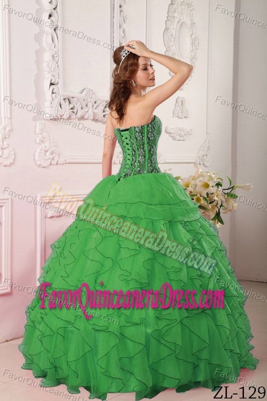 Sweetheart Floor-length Green Organza Beaded Quinceanera Dresses with Ruffles