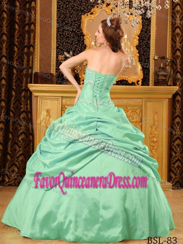 Appliqued Turquoise Strapless Taffeta Quinceanera Dress with Pick-ups for 2013
