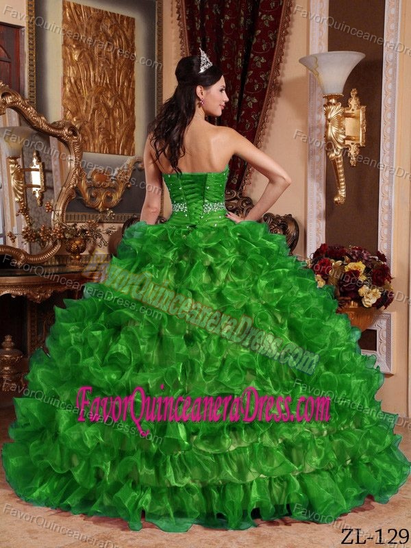Luxurious Sweetheart Hunter Green Ruffled Organza Beaded Quinceanera Dresses