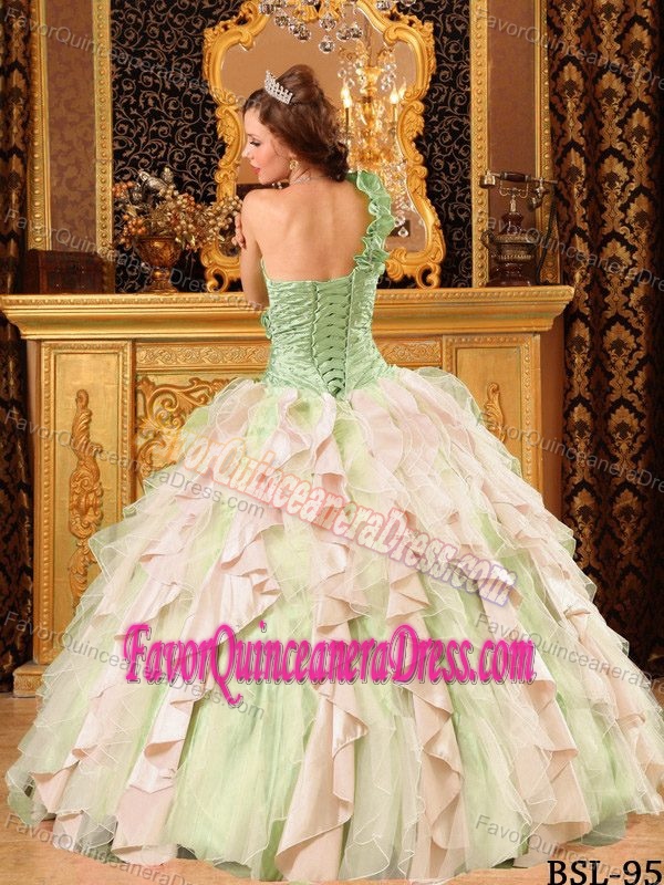 Lovely Multi-colored One-shoulder Floor-length Ruffled Organza Sweet 16 Dress