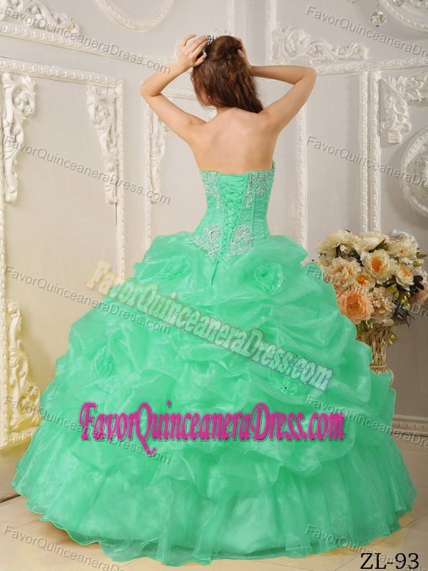 Appliqued Turquoise Strapless Sweet 15 Dress with Pick-ups and Rolling Flowers