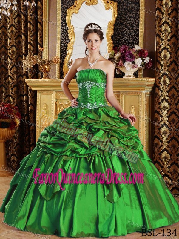 Ruched Strapless Appliqued Spring Green Taffeta Dress for Quince with Pick-ups