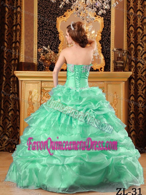Apple Green Sweetheart Organza Sweet 16 Dresses with Appliques and Pick-ups