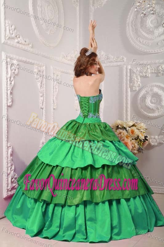 Green Strapless Floor-length Appliqued Taffeta Quinceanera Dresses with Layers