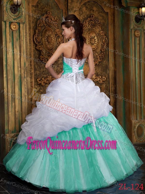White and Green Halter Organza Quinceanera Dresses with Beading and Pick-ups