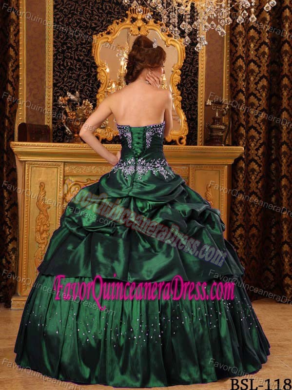 Classy Hunter Green Strapless Appliqued Taffeta Quinceanera Dress with Pick-ups
