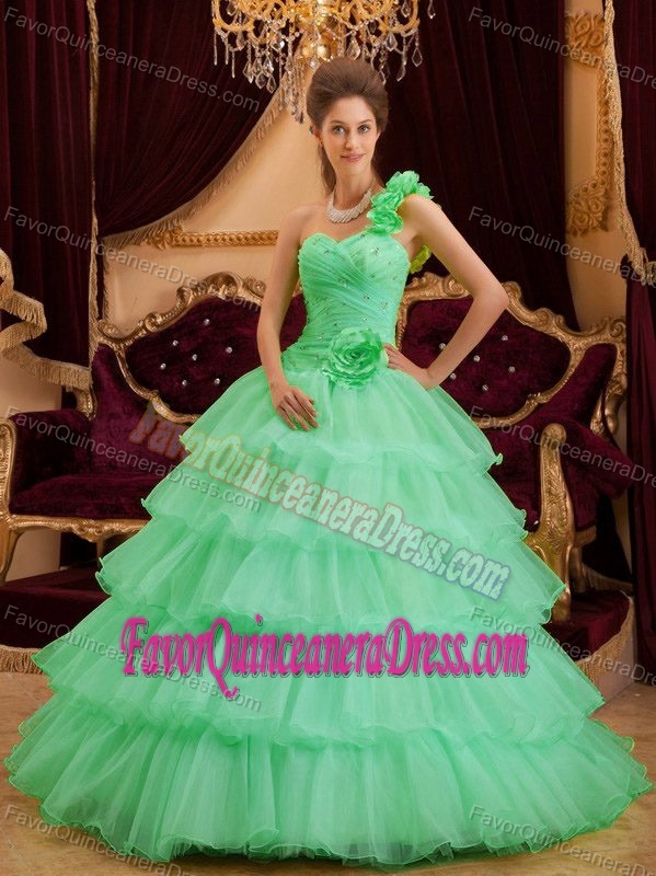 A-line One Shoulder Sweet Sixteen Dresses with Ruffles in Apple Green