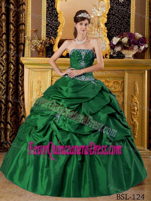 Hunter Green Strapless Taffeta Dresses for Quinceanera with Appliques