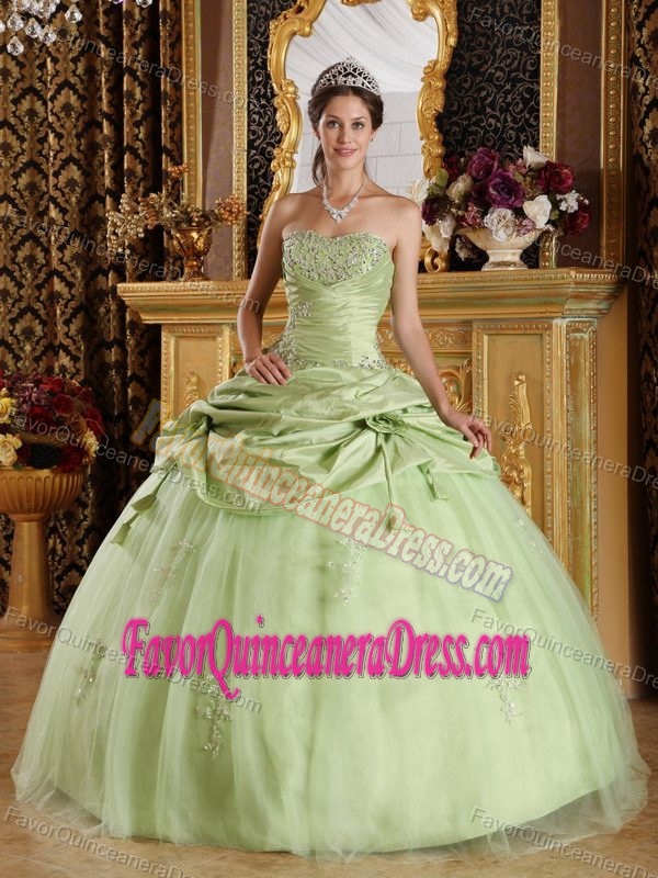 Yellow Green Strapless Tulle and Taffeta Sweet 15 Dress with Pick-ups