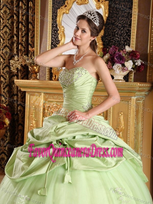 Yellow Green Strapless Tulle and Taffeta Sweet 15 Dress with Pick-ups