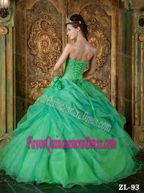 Organza Beaded Strapless Green Dresses for Quinceanera with Flowers