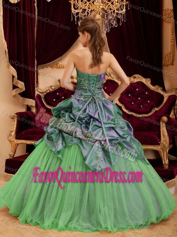 Spring Green Strapless Taffeta and Tulle Dress for Quince with Beading