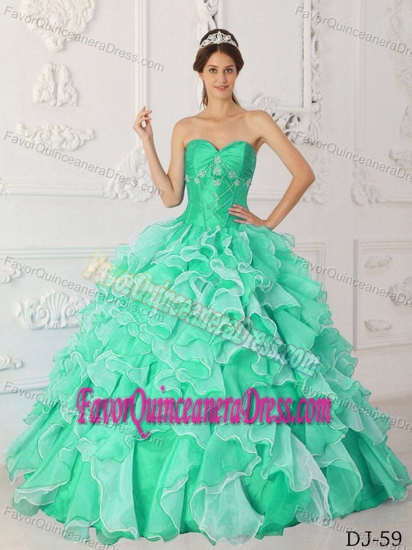 Apple Green A-Line Ruffled Sweet Sixteen Dresses in Taffeta and Organza