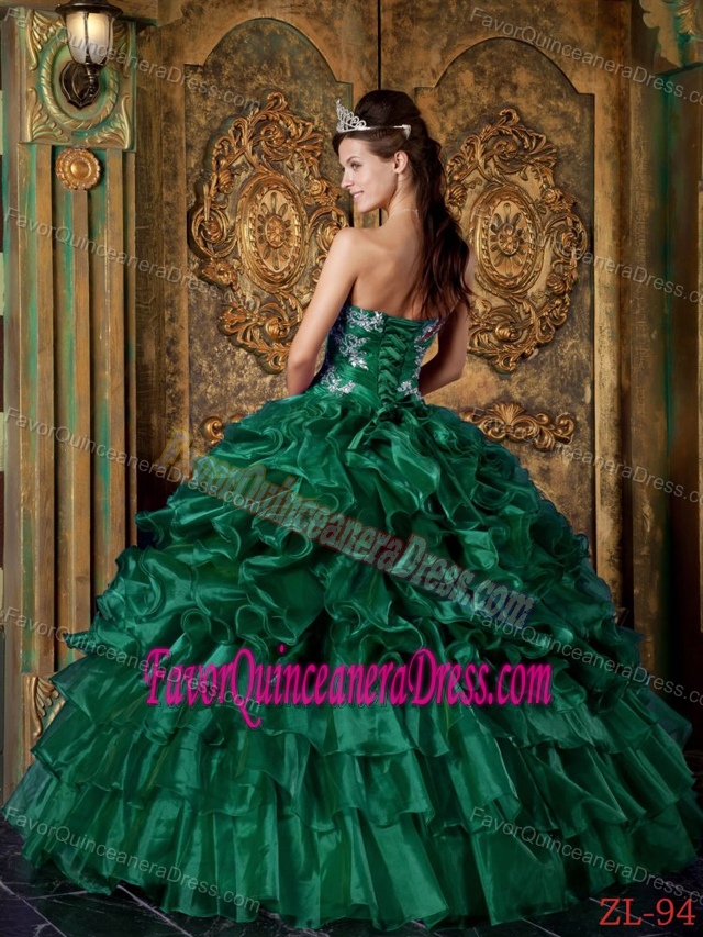 Appliqued Strapless Organza Ruffled Sweet Sixteen Dresses in Dark Green