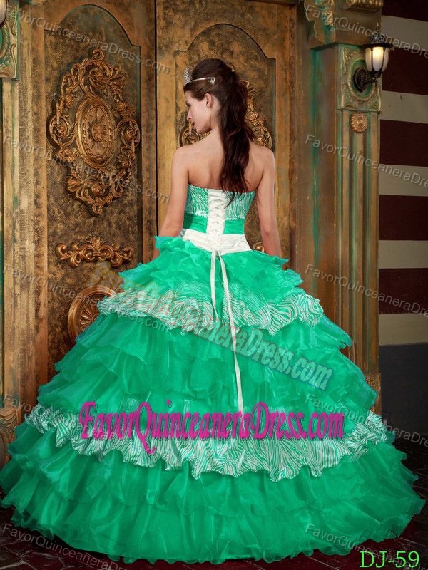 Turquoise Strapless Dress for Quinceanera in Organza and Zebra Ruffles
