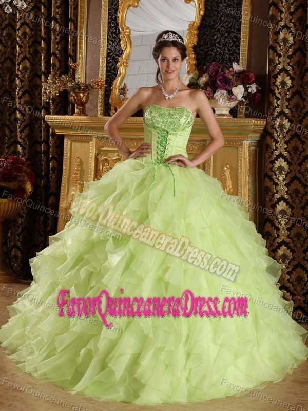 Yellow Green Satin and Organza Embroidery Sweet 15 Dress with Beading