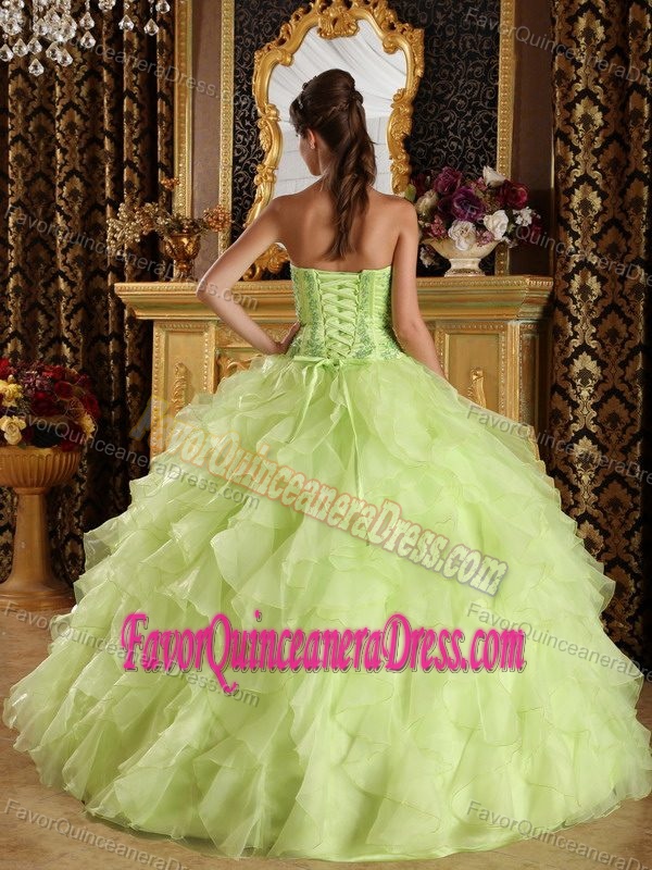 Yellow Green Satin and Organza Embroidery Sweet 15 Dress with Beading