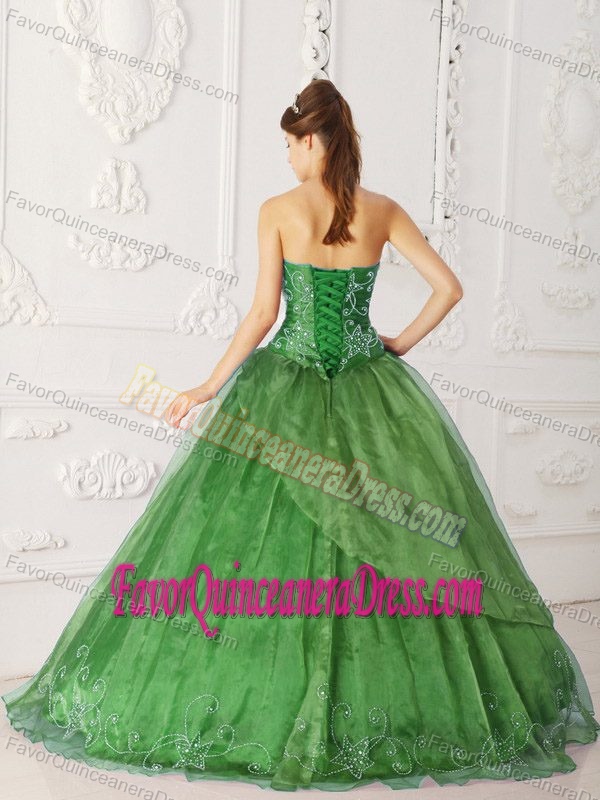 Olive Green Strapless Satin and Organza Dress for Quince with Beading