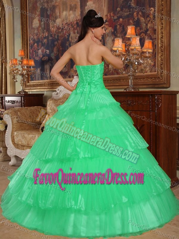 Appliqued Strapless Organza Ruched Sweet Sixteen Dress in Apple Green