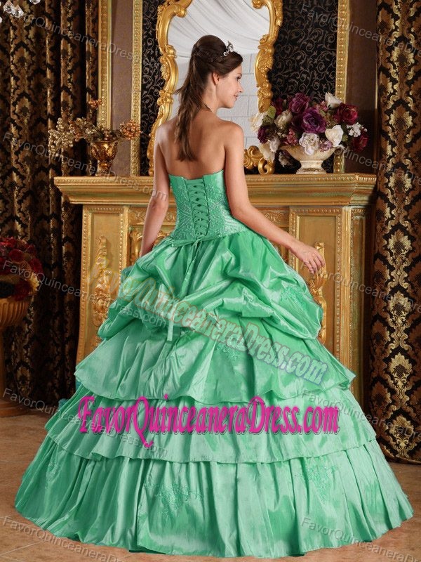 Apple Green Strapless Taffeta Beaded 2013 Dress for Quince with Ruffles
