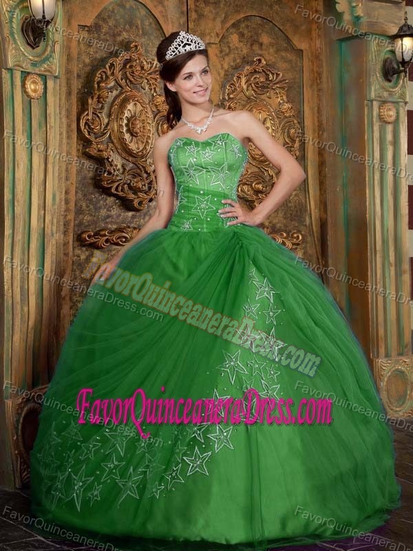 Tulle Green Sweetheart Appliqued Dresses for Quinceanera with Beads