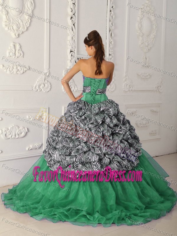 Strapless Chapel Train Zebra and Organza Dress for Quince with Beads