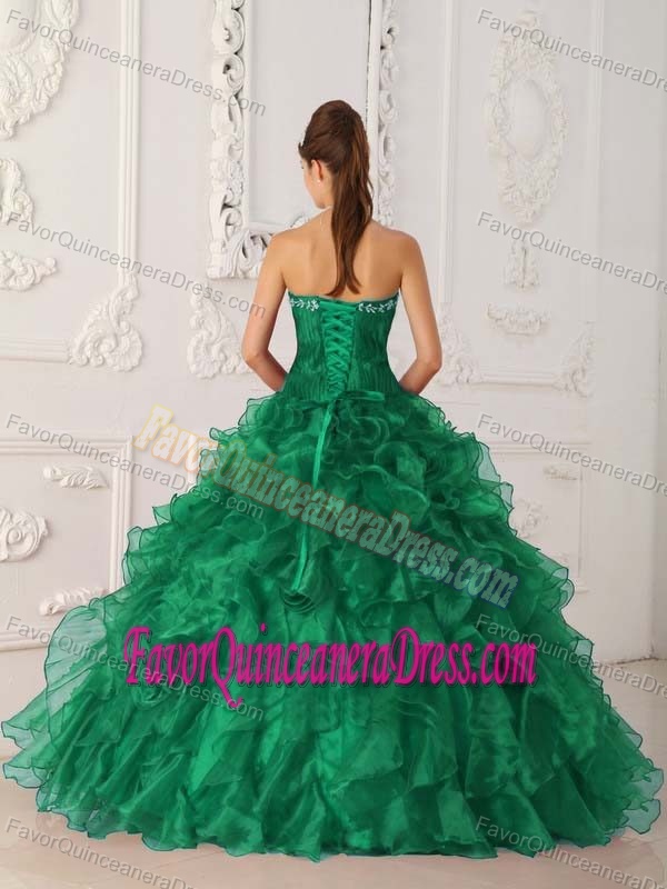 Strapless Ruffled Satin and Organza Embroidery Dress for Quince in Green