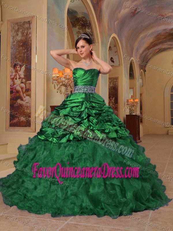 Green Organza and Taffeta Dress for Quinceanera with Ruffles and Beads