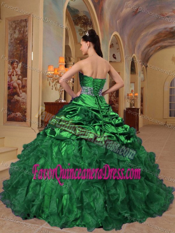 Green Organza and Taffeta Dress for Quinceanera with Ruffles and Beads
