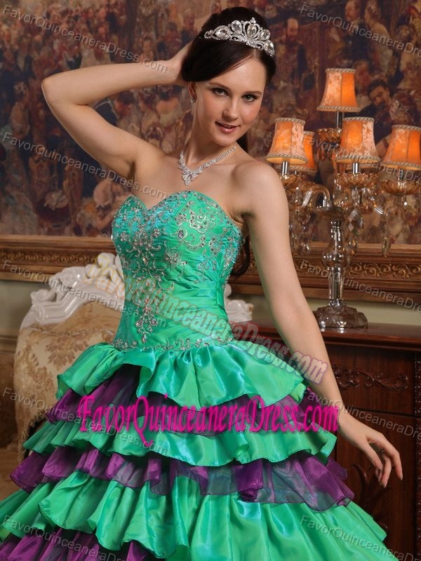 Green Sweetheart Taffeta and Organza Quinceanera Gown Dress with Ruffle