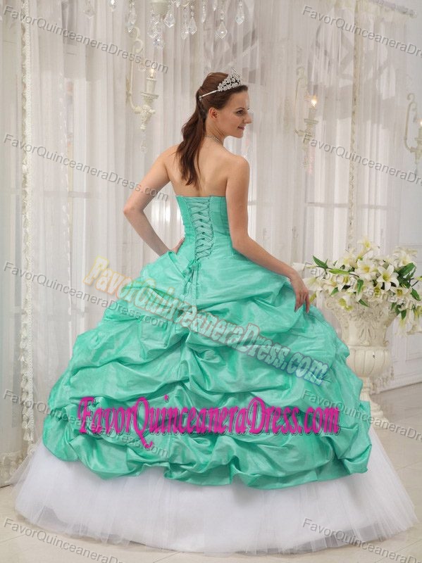 Apple Green and White Taffeta and Tulle Sweet Sixteen Dress with Beads