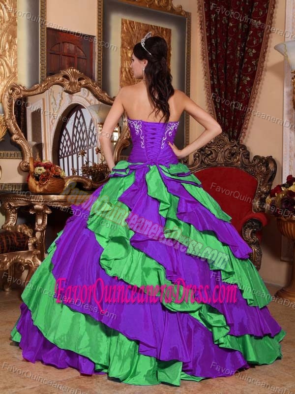 Multi-color Strapless Taffeta Embroidery Dress for Quince with Ruffles