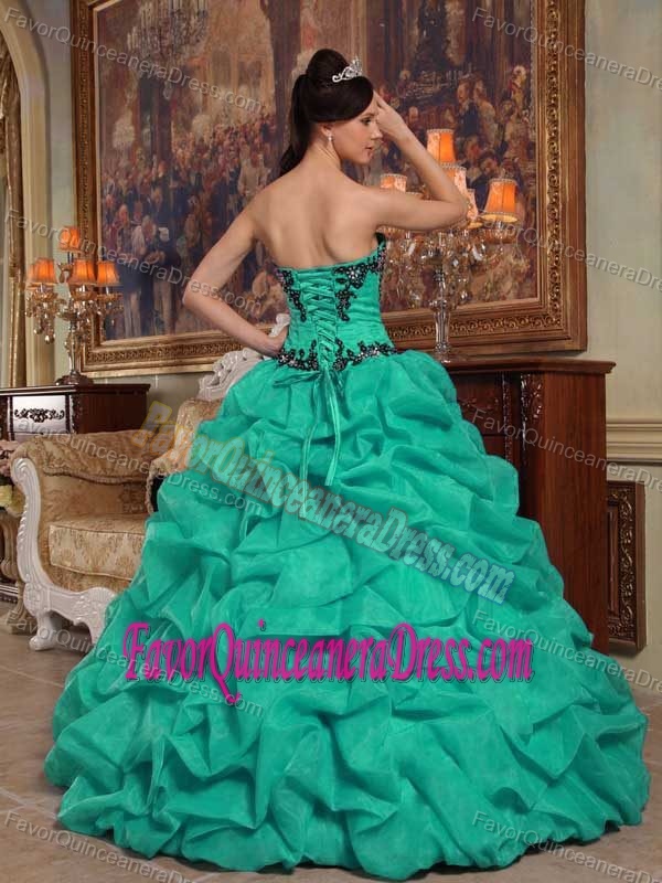 Turquoise Appliqued Taffeta and Organza Quince Dresses with Pick-ups
