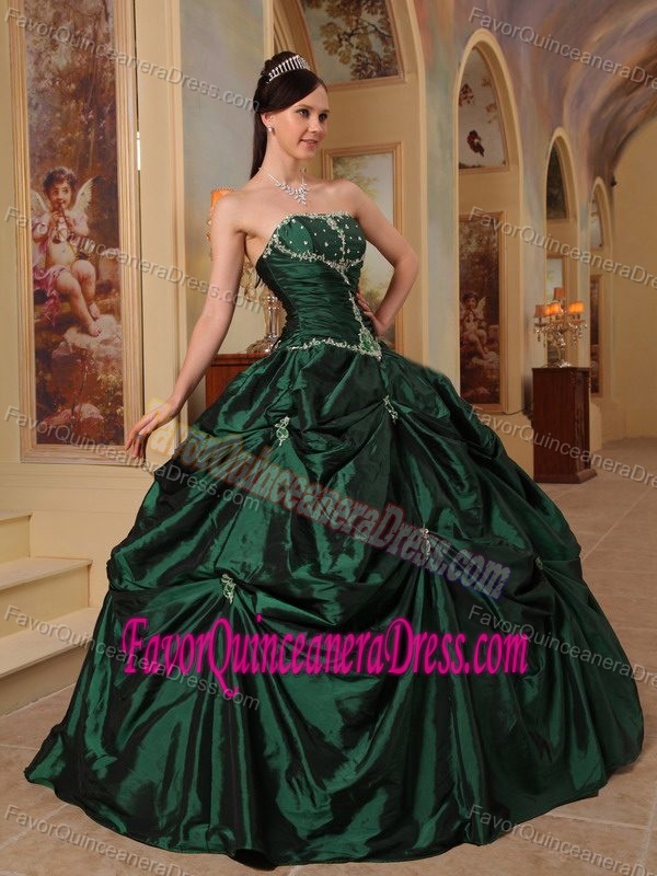 Hunter Green Ball Gown Strapless Sweet 15 Dress with Beads in Taffeta