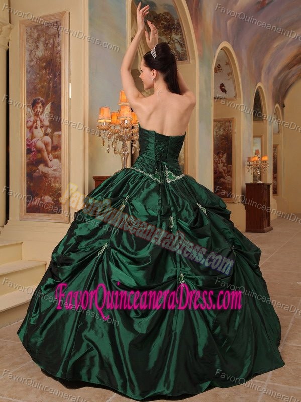 Hunter Green Ball Gown Strapless Sweet 15 Dress with Beads in Taffeta