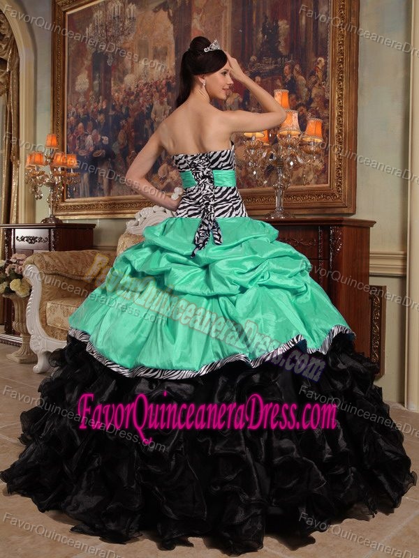 Green and Black Dress for Quinceanera with Pick-up in Taffeta and Organza