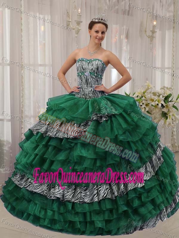 Ruffled Green Ball Gown Sweet Sixteen Dresses with Zebra and Organza