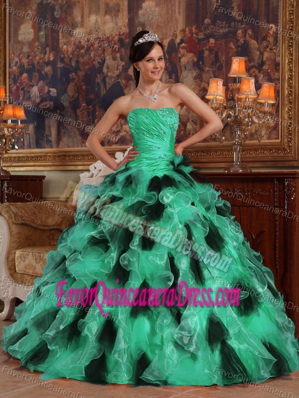 Organza Green and Black Strapless Ruffled Quinceanera Dress with Ruches