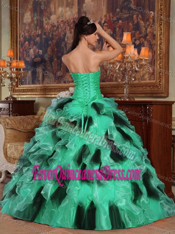Organza Green and Black Strapless Ruffled Quinceanera Dress with Ruches