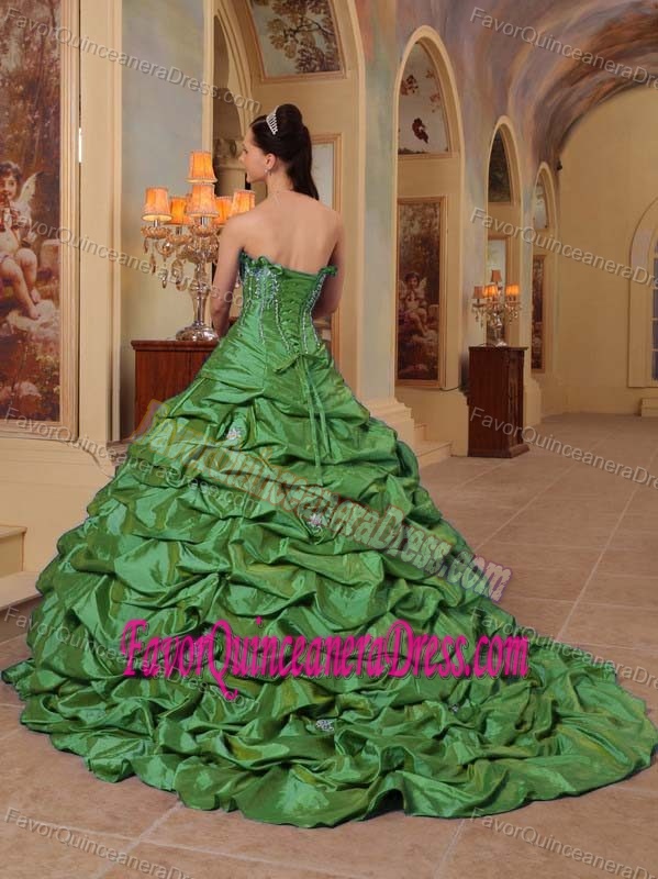Olive Strapless Court Train Taffeta 2011 Dresses for Quince with Pick-ups