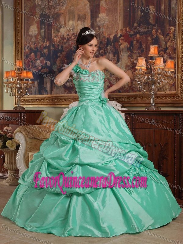 One Shoulder Flowery Taffeta Green Dress for Quinceaneras with pick-ups