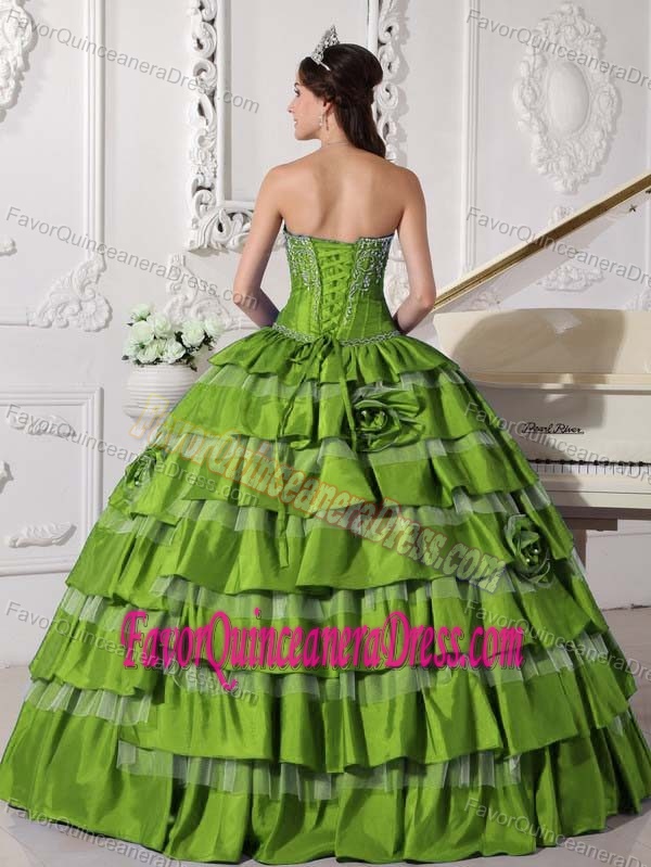 Sweetheart Taffeta Embroidery Spring Green Dresses for Quince with Flower
