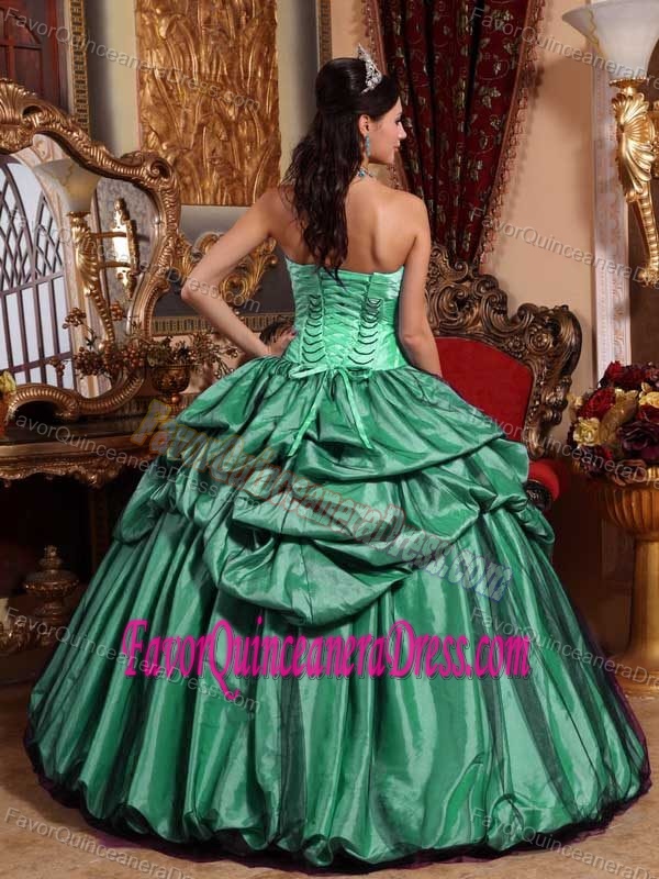 Taffeta Hunter Green Ball Gown Strapless Quinceanera Gown with Pick-ups