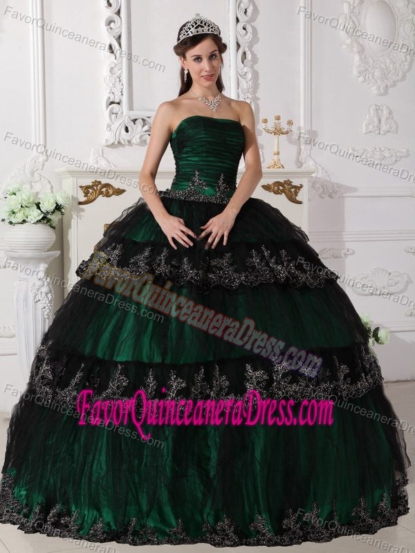 Modest Dark Green Taffeta and Tulle Quinceanera Dresses with Appliques