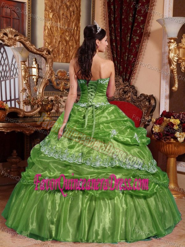 Elegant Olive Green Organza Quinces Dresses with Appliques and Pick-ups