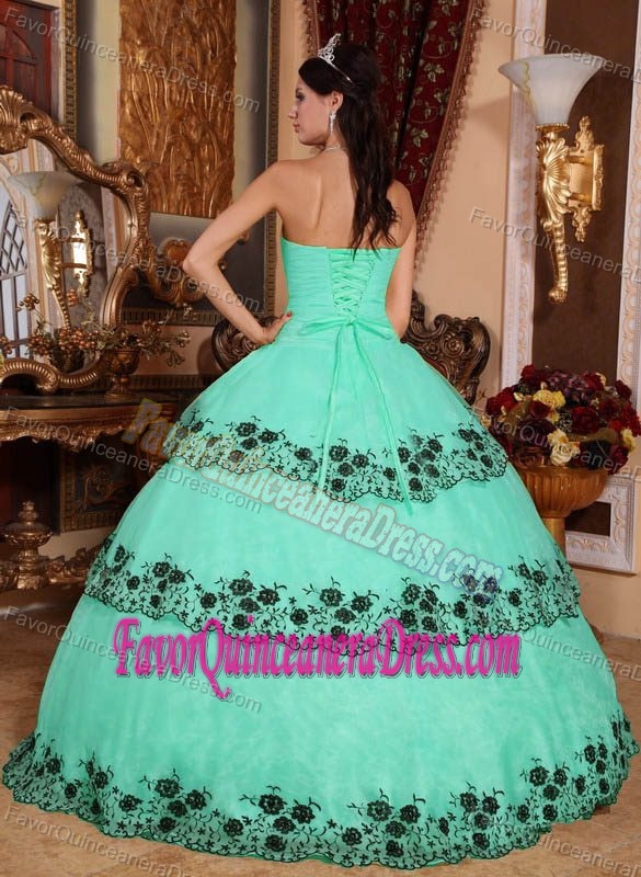 2013 Strapless Green Organza Sweet Sixteen Dresses with Lace Appliques