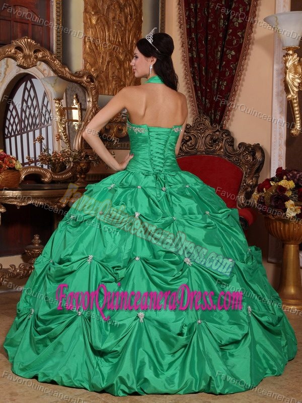 Sexy Halter Green Taffeta Quinceanera Gown with Appliques and Pick-ups