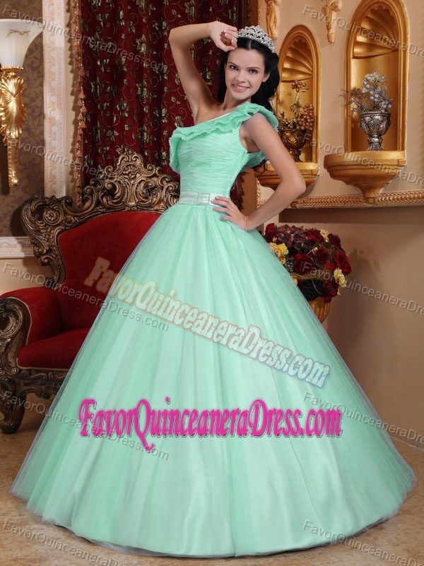 Perfect One Shoulder Apple Green Tulle Dress for Quinceanera with Belt